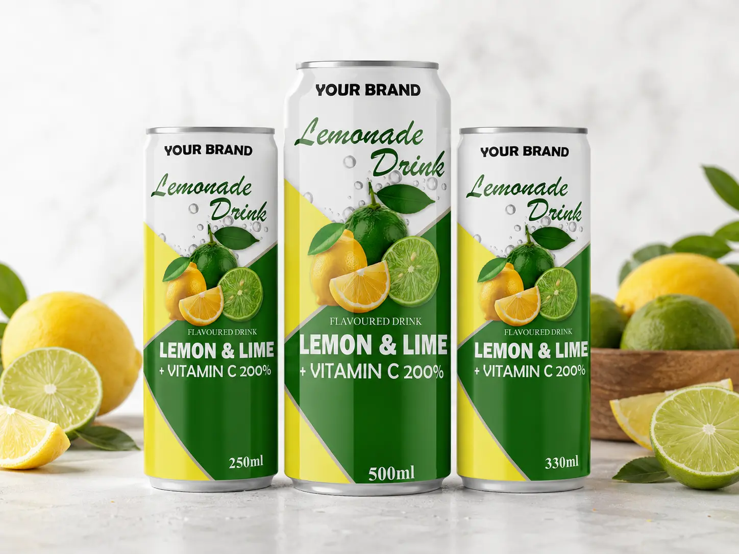 LEMONADE DRINK Lemon and Lime flavored drink with Vitamin C 200% shown in 250ml, 500ml, and 330ml cans.